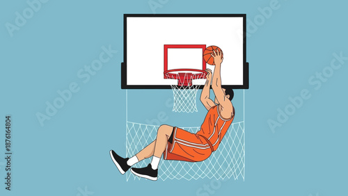Basketball player performing a dunk, mid-air, orange uniform, clean background