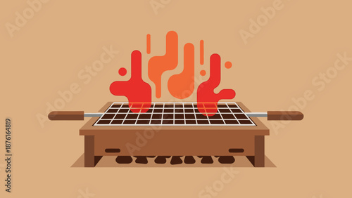 Barbecue grill with flames and embers, flat design, outdoor cooking illustration