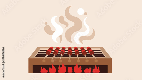 Barbecue Grilling Kebabs on Skewers with Smoke and Flames
