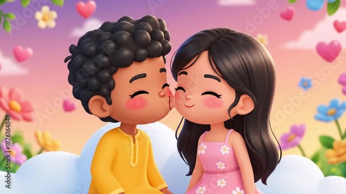 Couple shares romantic valentine's day 4k video moment in a beautiful garden with flowers and hearts