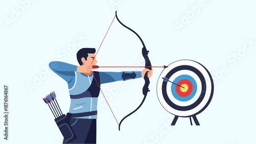 Archer aiming bow and arrow at target, focus and precision in sport