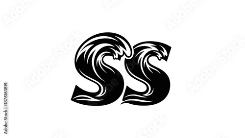 Stylized SS Letters as Dynamic Ocean Waves, Black and White