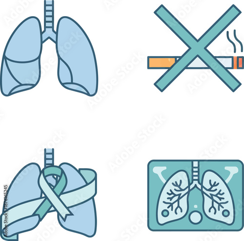 Health and wellness icons representing lungs, no smoking, awareness ribbon, and medical X-ray for respiratory health and support