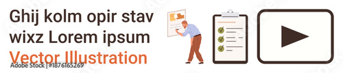 Business analysis, multimedia content, presentation tools, online education, workflow visualization, project management. Man presenting data, checklist video icon. Business analysis and multimedia