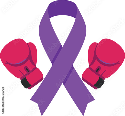 Dynamic graphic illustration of a purple awareness ribbon with red boxing gloves, symbolizing courage, resilience, and a determined fight for significant causes and health advocacy