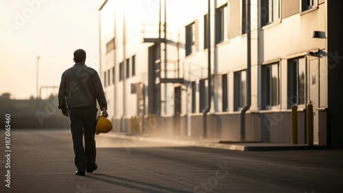 Worker walking away from factory at sunset