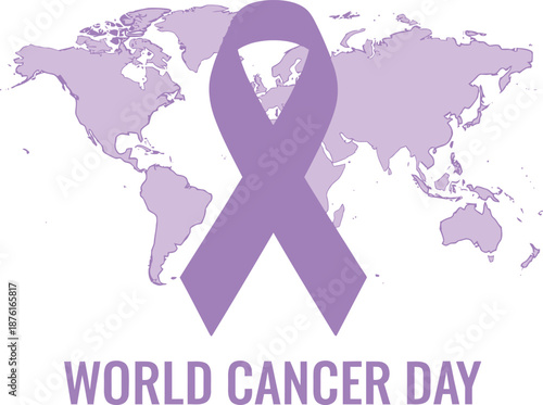 Global health awareness campaign featuring a symbolic purple ribbon against a world map, promoting solidarity and support for cancer patients and research
