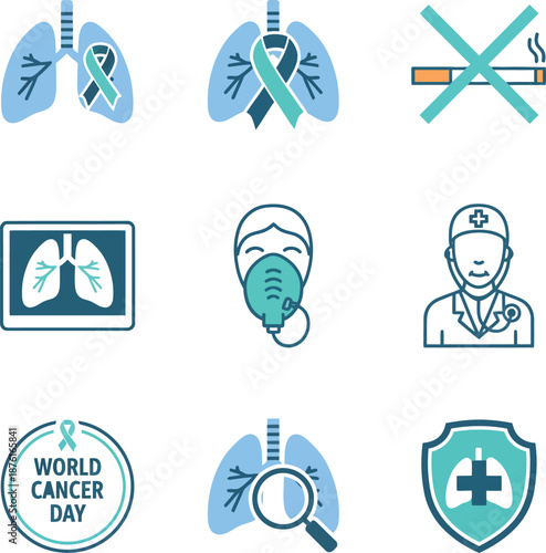 Essential vector icons illustrating lung health, respiratory care, and cancer awareness, featuring symbols for prevention, medical diagnosis, patient support, and public health campaigns