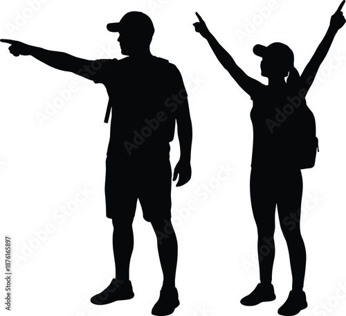 Tourist people silhouettes pointing direction, man and woman travelers with backpacks exploring destination adventure travel concept illustration