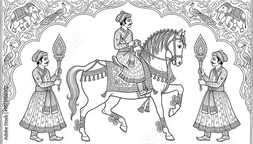Traditional Indian royal procession illustration with horse rider, attendants, ornate border, vintage Mughal style black and white line art