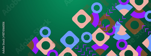 Abstract geometric design with variety of shapes on green backdrop. Perfect for digital backgrounds, print materials, packaging, and modern web design elements.