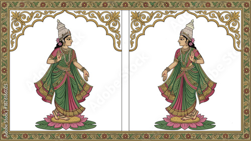 Traditional Indian classical dancer illustration with ornate floral frame, symmetrical heritage artwork, vintage temple style vector design