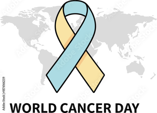 World Cancer Day ribbon graphic with a stylized world map in the background promoting global awareness and support for cancer patients and research
