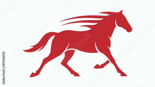 A dynamic red horse silhouette depicted in a running or galloping pose with a flowing mane and tail on a white background.