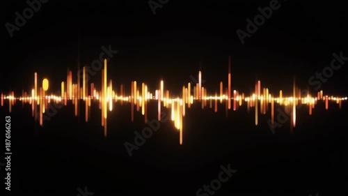 Golden soundwave audio waveform visualization glowing black background conveying energetic rhythm and movement and expressing