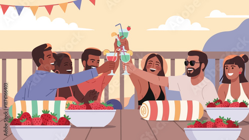 Friends toasting at outdoor dinner party with festive decorations.