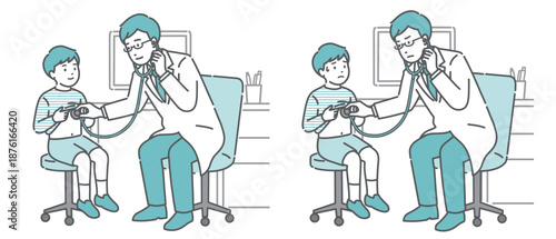 聴診器で診察する男性医師のイラストセット（白衣・男の子・通常と体調不良）