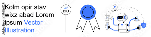Biotechnology, AI technology, certification processes, digital solutions, futuristic innovation, smart industries. a robot, a badge and a biotech label. Biotechnology and AI technology concepts