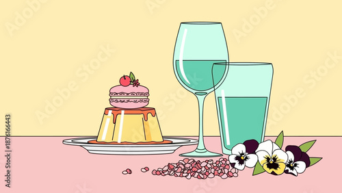 Layer cake with strawberries and mint drink.