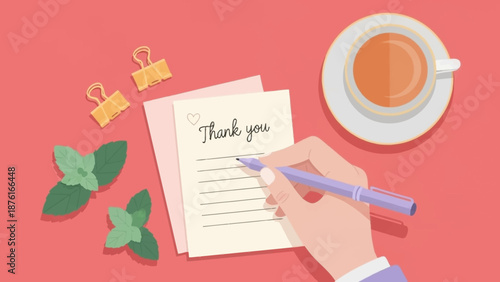 Hand writing thank you note with coffee.