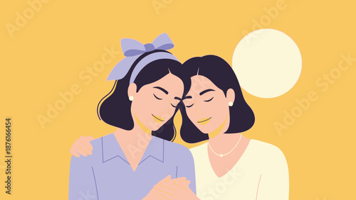 Two women embracing female friendship love and care.