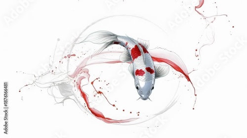 Elegant red and white koi swimming in expressive ink splash.
