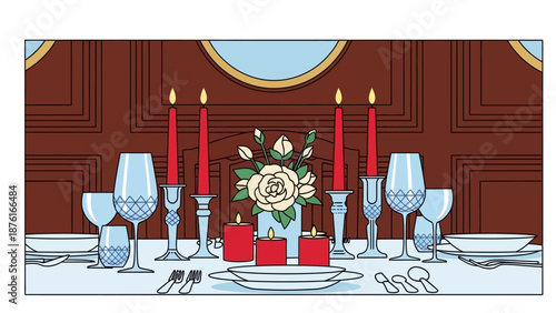 Formal dinner table setting with candles and flowers.