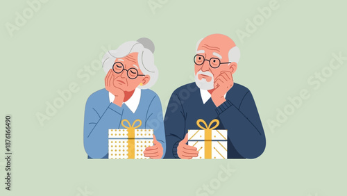 Elderly couple exchanging gifts with surprised expressions.