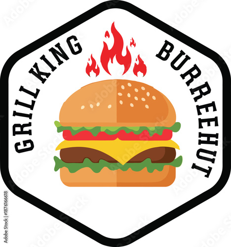Grill King Burger Hut Flame Badge Logo Vector Illustration
