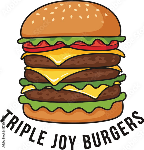 Triple Joy Burgers Restaurant Logo Vector Illustration
