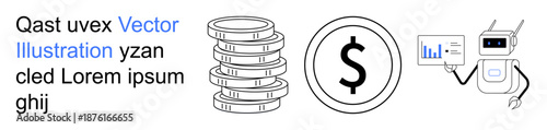 Financial growth, technology, data visualization, fintech, investment, money management. Stack of coins, dollar sign robot displaying analytics. Financial growth and technology concept