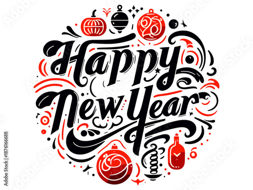 New Year 2025 Celebration Text Design with Glossy Lettering and Stars