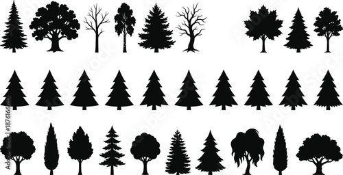 Tree silhouette icon set, forest pine deciduous trees collection, black nature shapes, woodland plant symbols, isolated vector