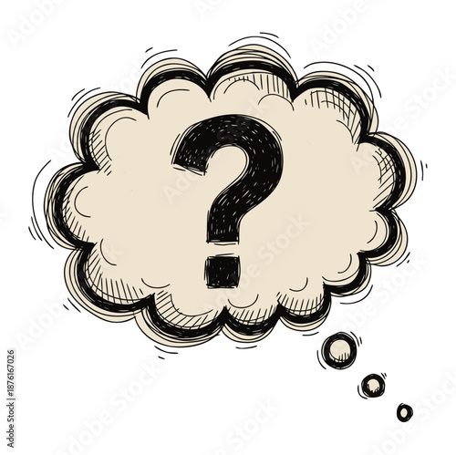 Hand-Drawn Vector Ink Question Mark Sketch in Thought Bubble Representing Doubt, Inquiry, and Conceptual Thinking
