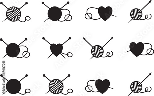 Knitting and Yarn Ball Icons Set with Needles for Handmade Craft Design