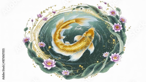 Golden koi swimming among lotus flowers in a circular pond.