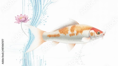 Elegant orange and white koi fish swimming with lotus.