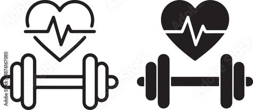 Fitness Dumbbell Icons with Heartbeat Symbol for Gym Workout and Healthy Lifestyle