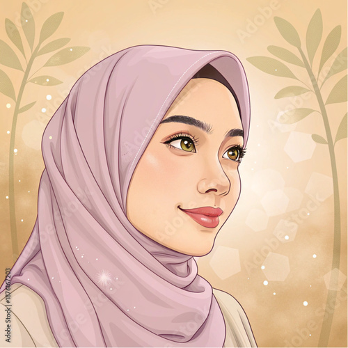 A beautiful illustration of a young muslim woman wearing a lavender hijab with a serene gaze