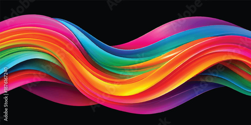 An abstract colorful rainbow wave design features vibrant curved lines and artistic motion patterns on a vector wallpaper backdrop template for a creative decorative background