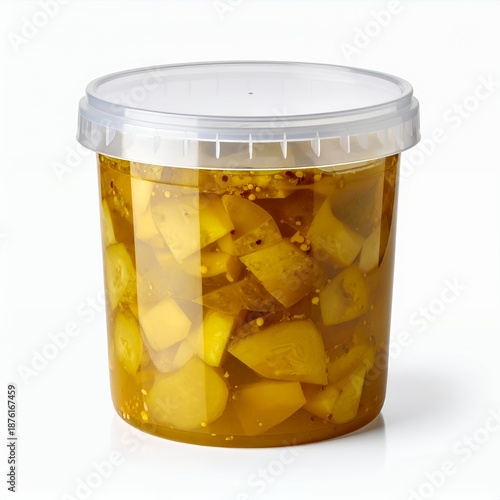 Homemade pickled zucchini relish inside transparent plastic container on white background