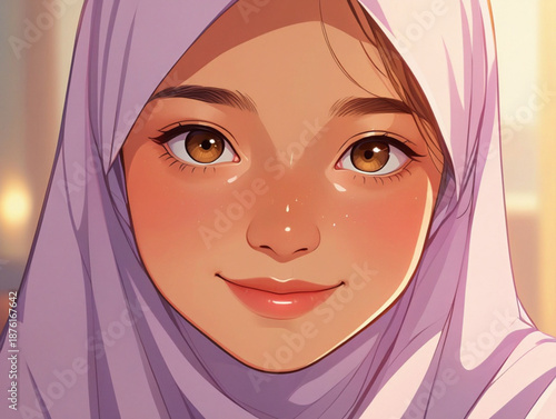 Smiling muslim woman in a soft lavender hijab against a sparkling bokeh background