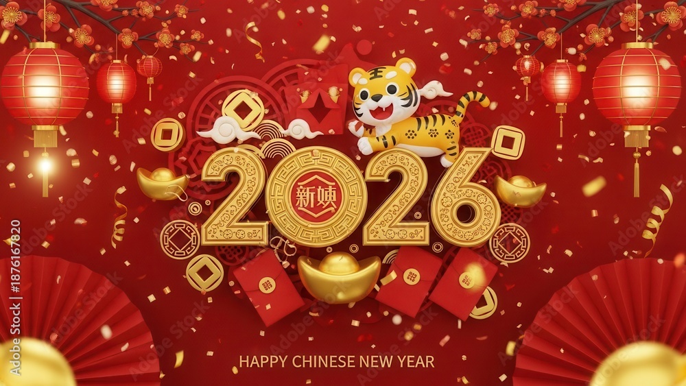 Naklejka premium Celebration of Chinese New Year 2026 featuring tiger mascot, gold coins, red lanterns, and traditional decorations for festive holiday greeting