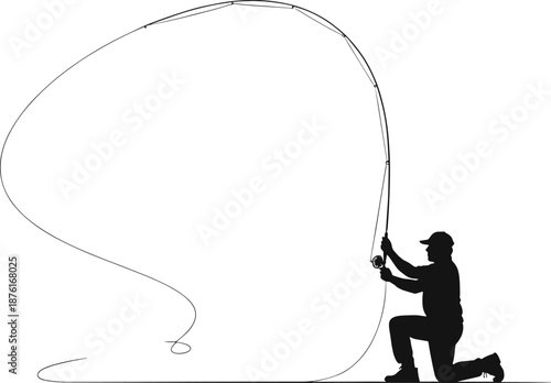 Black silhouette of a man fly fishing with a long rod and line, outdoor angling hobby, fisherman casting vector illustration
