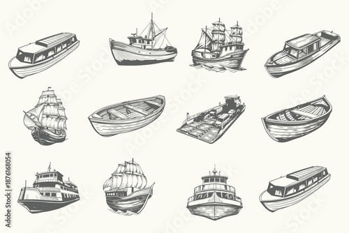 Sailboat, Motor ship, boat in the sea, summer adventure, active vacation vector illustration. engraved hand drawn in vintage style. Eps 10