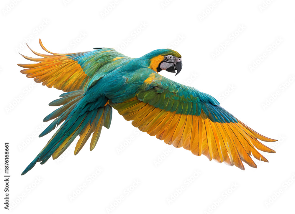 Fototapeta premium Blue-and-yellow macaw soaring with vibrant wings outstretched, tropical parrot in flight, isolated with transparent background