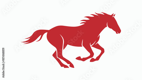 Red silhouette of a powerful horse galloping with flowing mane and tail, depicted in a dynamic and energetic pose against a white background.