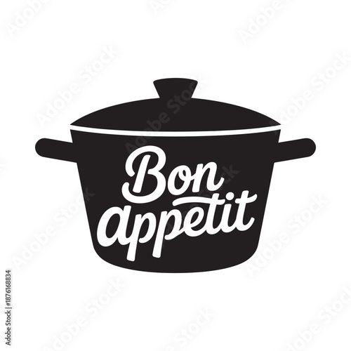 Black pot with lid and bon appetit text