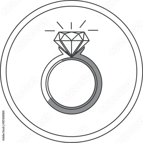 Simple line art icon depicting a sparkling diamond engagement ring set within a circular frame representing eternal love and commitment