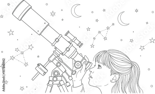 Young stargazer observing constellations and the crescent moon through a detailed astronomical telescope under a clear night sky